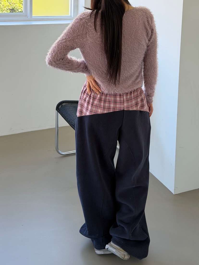 LOVE PULL東大門直郵26秋冬格紋拼接闊腿休閑褲抽繩格紋LOVE PULL休閑褲