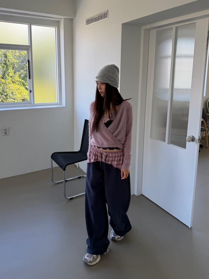LOVE PULL東大門直郵26秋冬格紋拼接闊腿休閑褲抽繩格紋LOVE PULL休閑褲