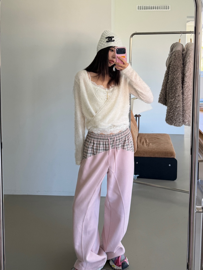 LOVE PULL東大門直郵26秋冬格紋拼接闊腿休閑褲抽繩格紋LOVE PULL休閑褲