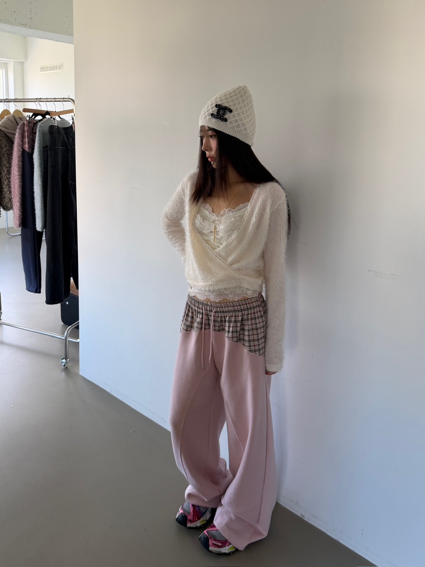 LOVE PULL東大門直郵26秋冬格紋拼接闊腿休閑褲抽繩格紋LOVE PULL休閑褲