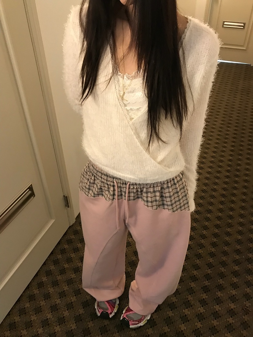 LOVE PULL東大門直郵26秋冬格紋拼接闊腿休閑褲抽繩格紋LOVE PULL休閑褲