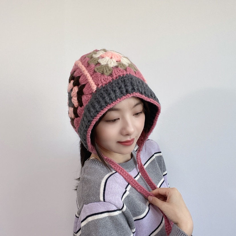 LOVELY HAT韓國直郵26秋冬復古鉤花針織護耳帽帽子系帶LOVELY HAT帽子