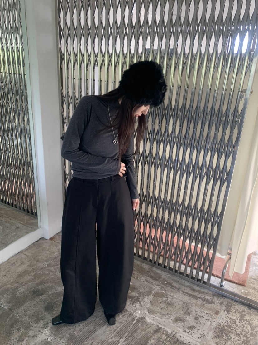 LE AVE韓國代購26秋冬高腰明線闊腿休閑褲高腰LE AVE休閑褲