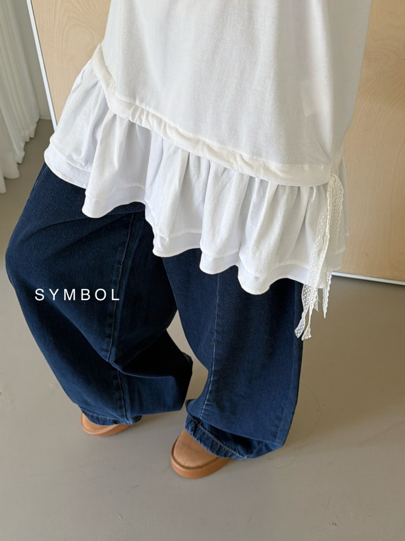 SYMBOL韓國直郵26秋冬蕾絲帶荷葉邊長袖T恤荷葉邊系帶蕾絲圓領SYMBOL長袖T恤