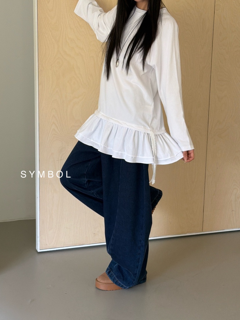 SYMBOL韓國直郵26秋冬蕾絲帶荷葉邊長袖T恤荷葉邊系帶蕾絲圓領SYMBOL長袖T恤