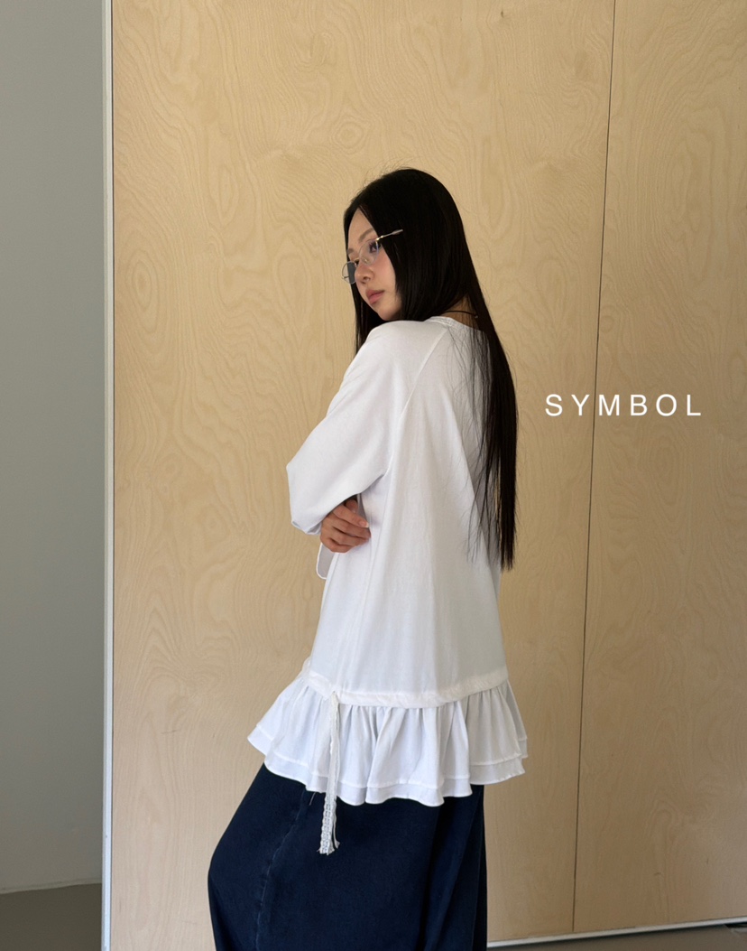 SYMBOL韓國直郵26秋冬蕾絲帶荷葉邊長袖T恤荷葉邊系帶蕾絲圓領SYMBOL長袖T恤