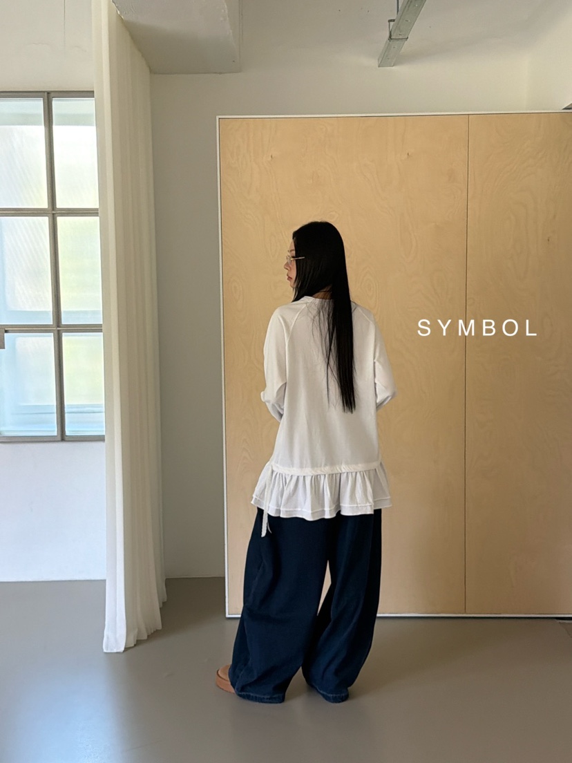 SYMBOL韓國直郵26秋冬蕾絲帶荷葉邊長袖T恤荷葉邊系帶蕾絲圓領SYMBOL長袖T恤
