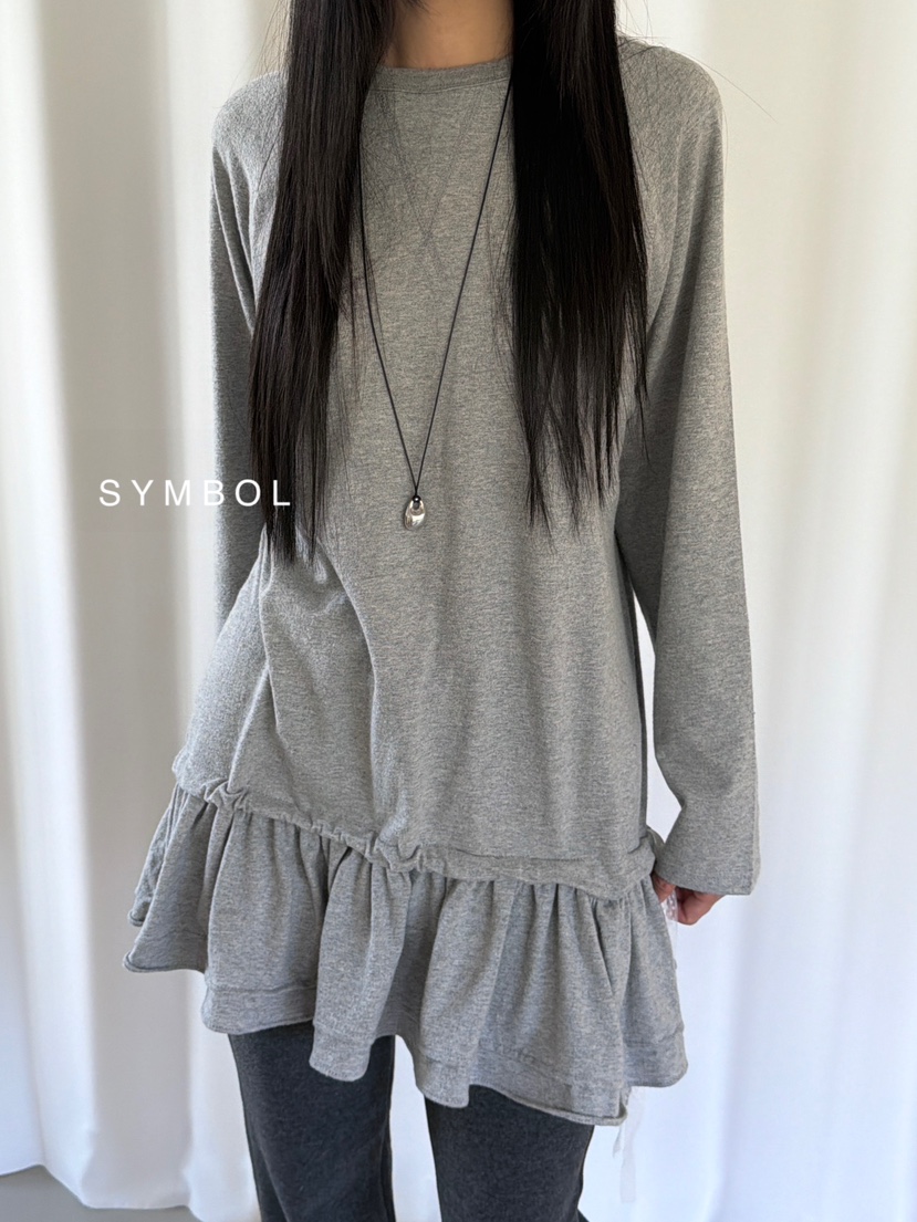 SYMBOL韓國直郵26秋冬蕾絲帶荷葉邊長袖T恤荷葉邊系帶蕾絲圓領SYMBOL長袖T恤