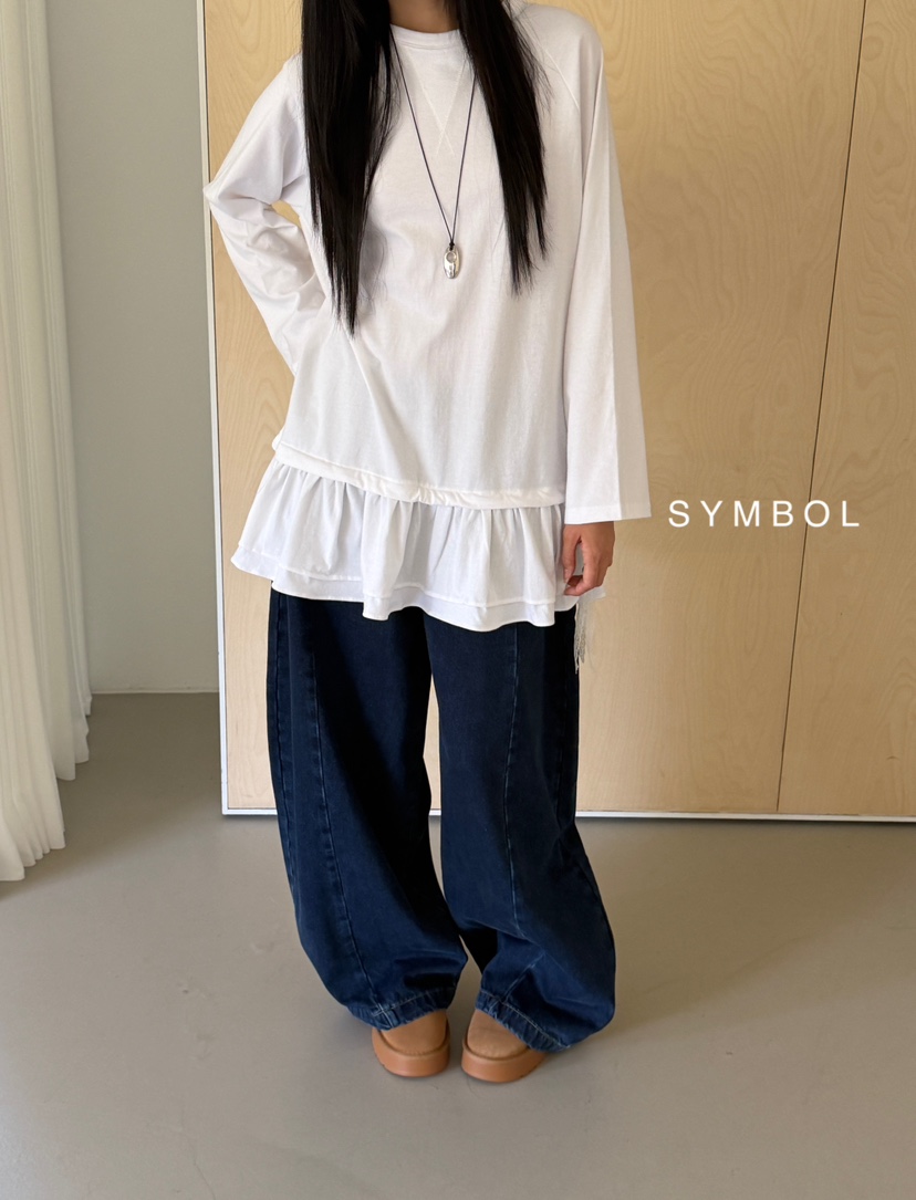 SYMBOL韓國直郵26秋冬蕾絲帶荷葉邊長袖T恤荷葉邊系帶蕾絲圓領SYMBOL長袖T恤圖色2