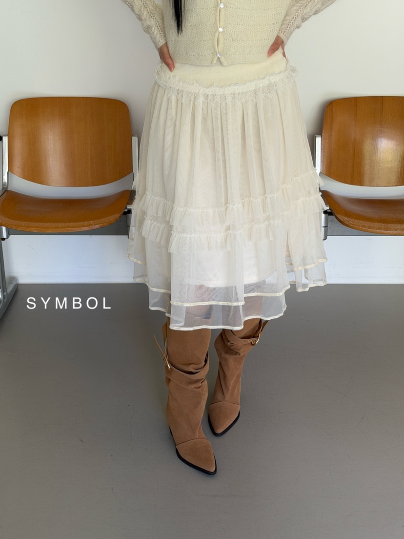 SYMBOL韓國直郵26秋季蕾絲網紗蛋糕半身裙中短裙多層高腰蕾絲SYMBOL半身裙/中短裙