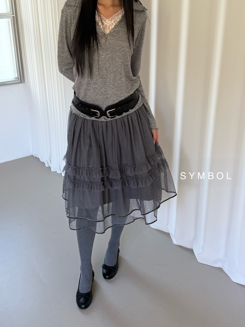 SYMBOL韓國直郵26秋季蕾絲網紗蛋糕半身裙中短裙多層高腰蕾絲SYMBOL半身裙/中短裙