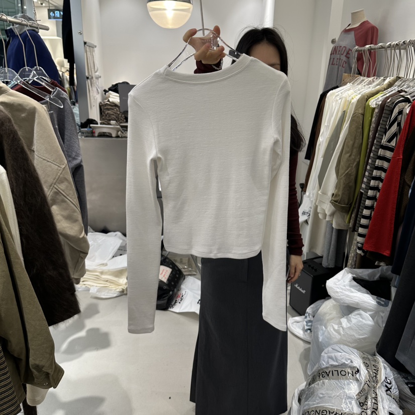 MAGNOLIA36-L東大門直郵26秋冬坑條打底短款T恤長袖T恤修身圓MAGNOLIA36-L長袖T恤