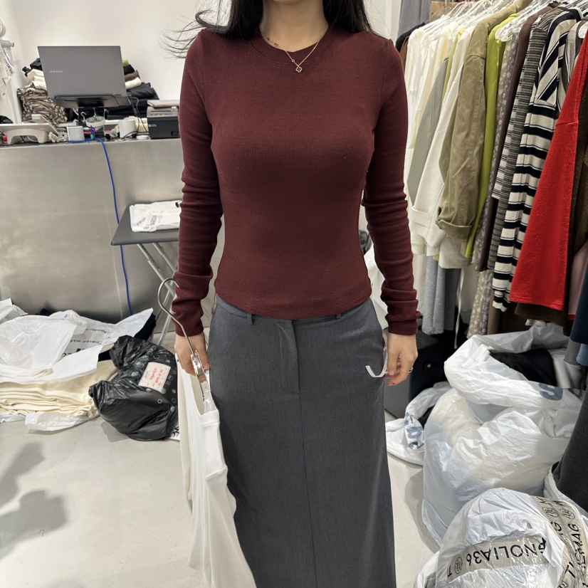 MAGNOLIA36-L東大門直郵26秋冬坑條打底短款T恤長袖T恤修身圓MAGNOLIA36-L長袖T恤圖色2