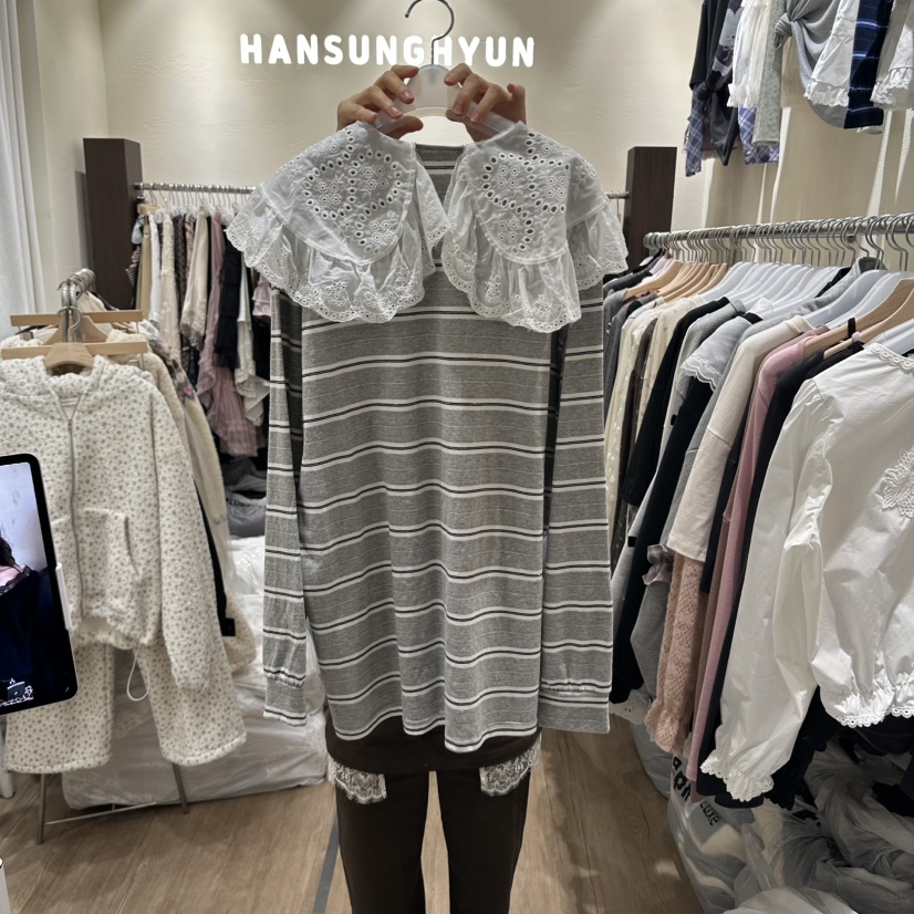 HANSUNGHYUN東大門實拍26秋冬蕾絲領條紋上衣襯衫蕾絲衫大翻領HANSUNGHYUN襯衫/蕾絲衫