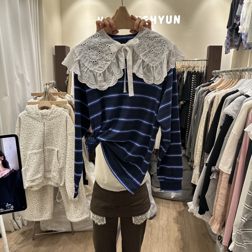 HANSUNGHYUN東大門實拍26秋冬蕾絲領條紋上衣襯衫蕾絲衫大翻領HANSUNGHYUN襯衫/蕾絲衫圖色2