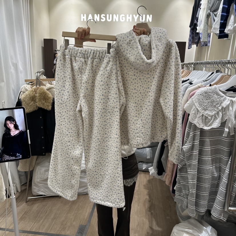 HANSUNGHYUN韓國直郵26秋冬碎花毛絨連帽套裝可調節直筒褲加絨HANSUNGHYUN套裝