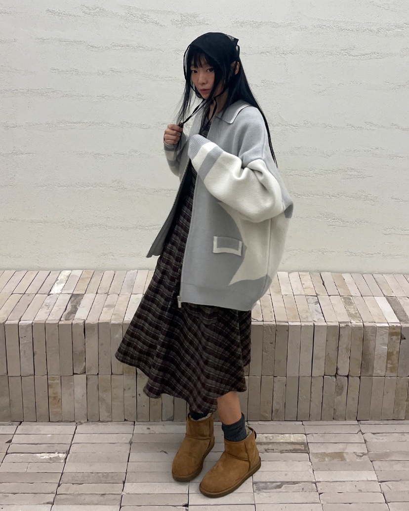 NO ANSWER韓國代購26秋季撞色幾何針織拉鏈開衫毛衣拉鏈開合落NO ANSWER毛衣