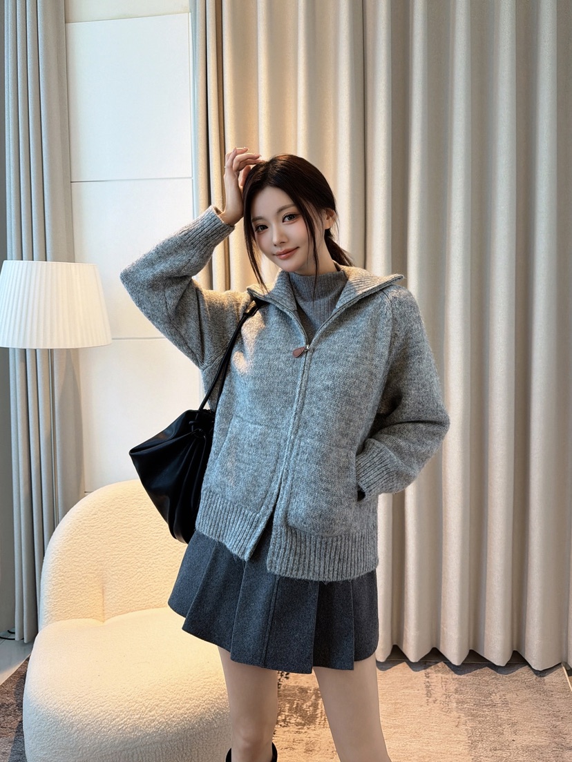 CLOTH東大門代購26秋冬立領針織開衫拉鏈連帽衫拉鏈開合針織拉CLOTH開衫