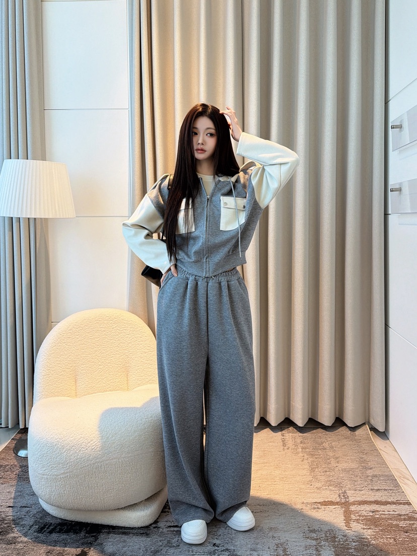 CLOTH韓國直郵26秋季拼色連帽衛衣闊腿套裝闊腿褲口袋拼色撞色CLOTH套裝