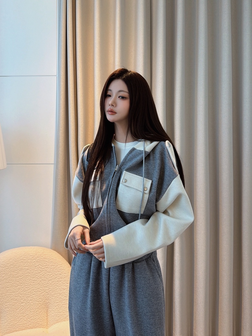 CLOTH韓國直郵26秋季拼色連帽衛衣闊腿套裝闊腿褲口袋拼色撞色CLOTH套裝