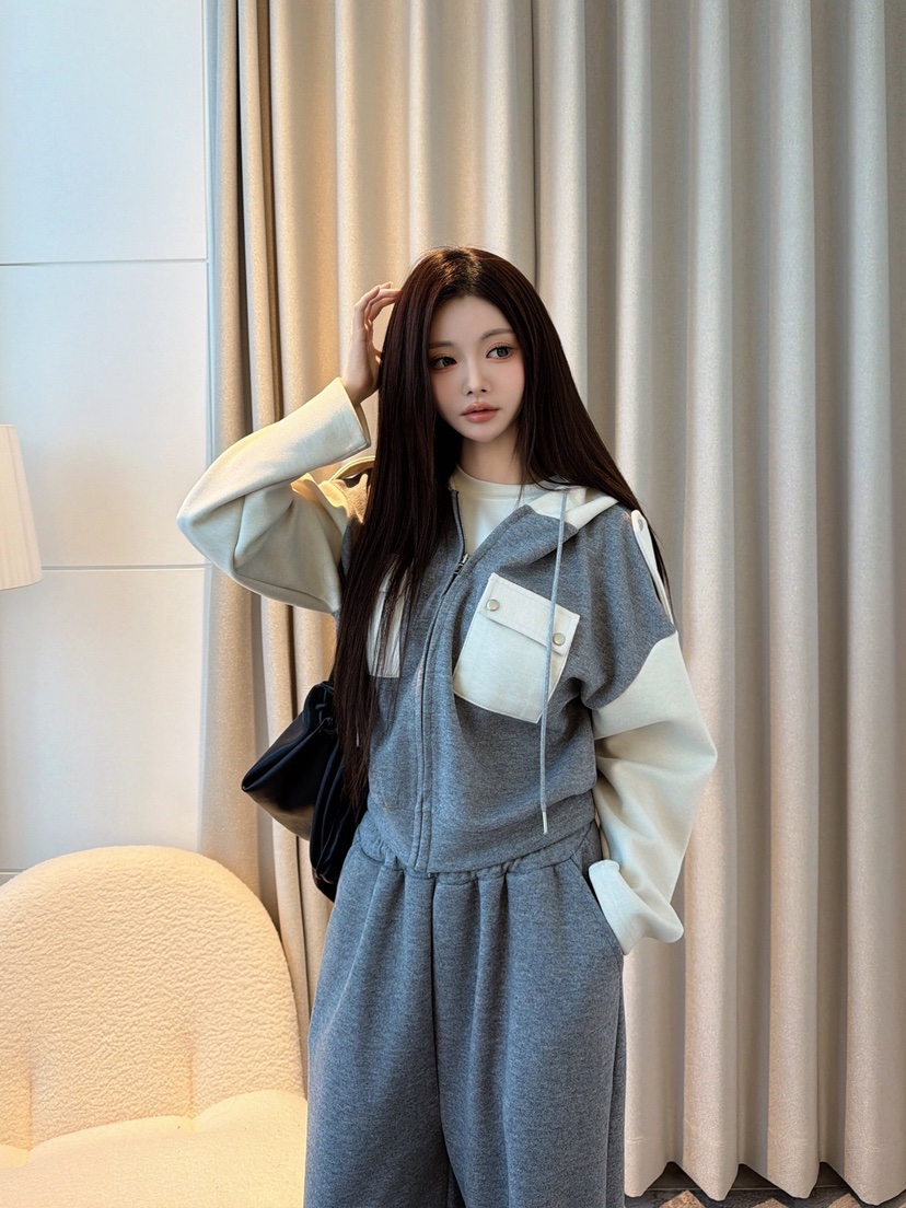 CLOTH韓國直郵26秋季拼色連帽衛衣闊腿套裝闊腿褲口袋拼色撞色CLOTH套裝