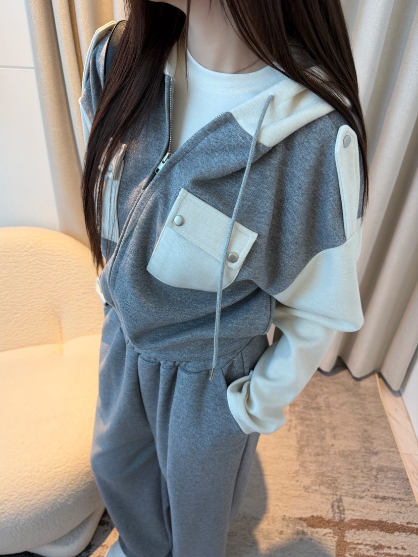 CLOTH韓國直郵26秋季拼色連帽衛衣闊腿套裝闊腿褲口袋拼色撞色CLOTH套裝