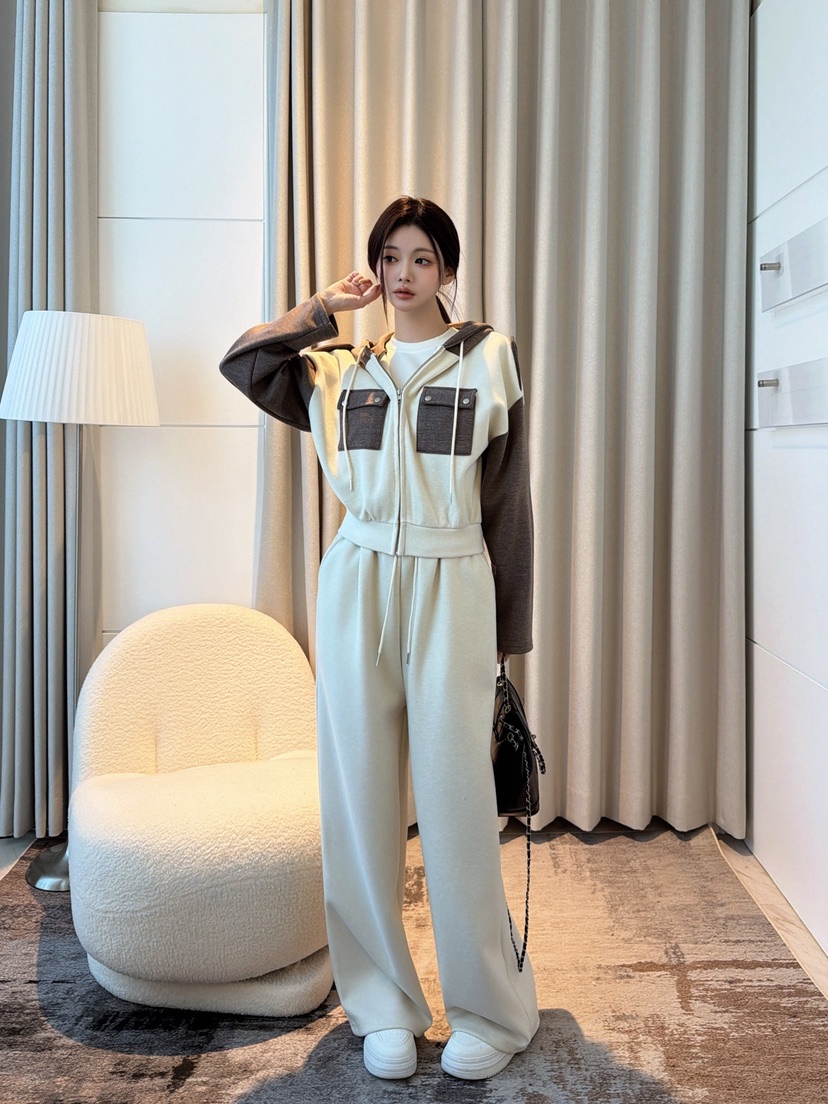 CLOTH韓國直郵26秋季拼色連帽衛衣闊腿套裝闊腿褲口袋拼色撞色CLOTH套裝