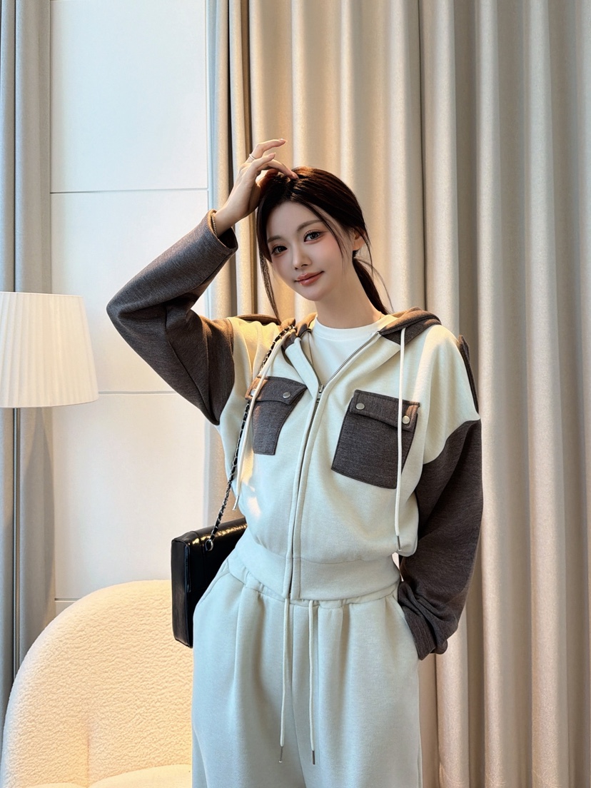 CLOTH韓國直郵26秋季拼色連帽衛衣闊腿套裝闊腿褲口袋拼色撞色CLOTH套裝