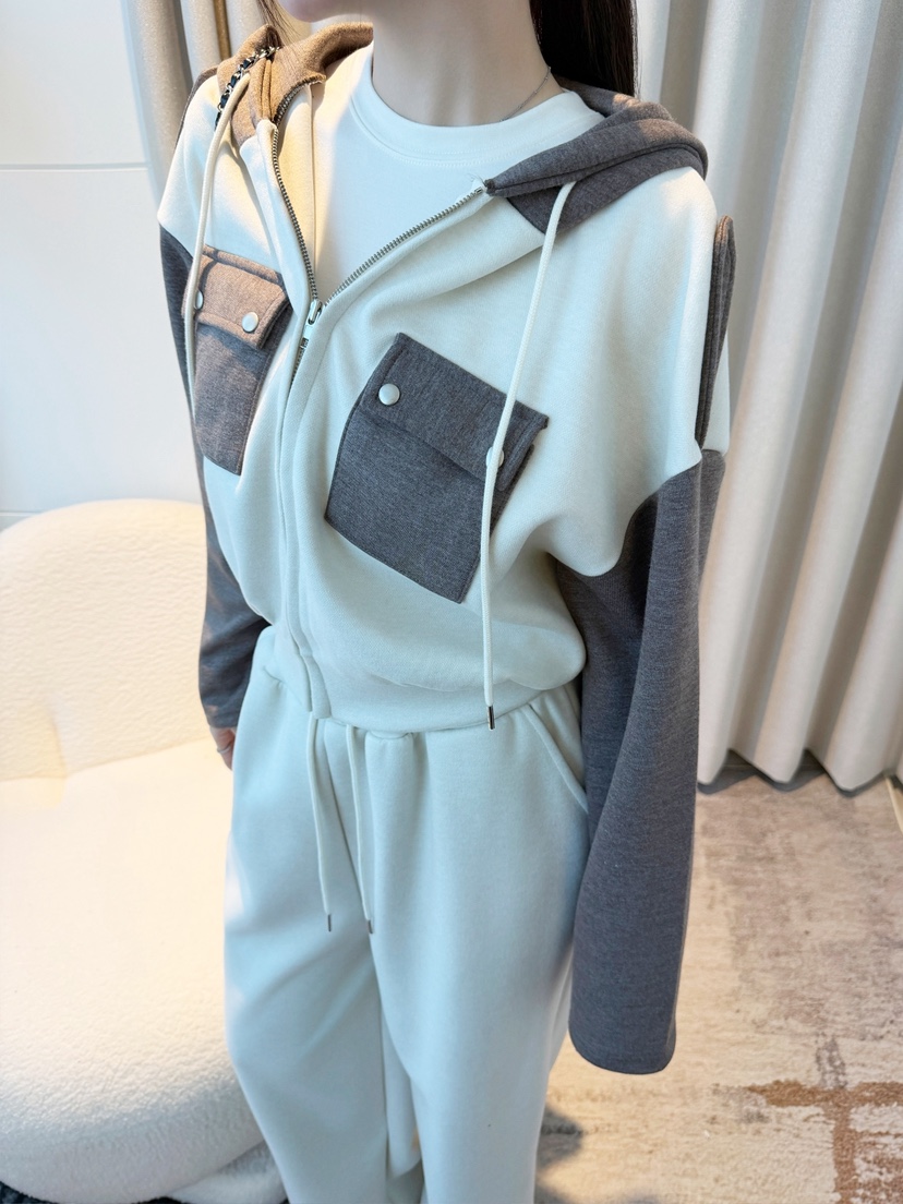CLOTH韓國直郵26秋季拼色連帽衛衣闊腿套裝闊腿褲口袋拼色撞色CLOTH套裝