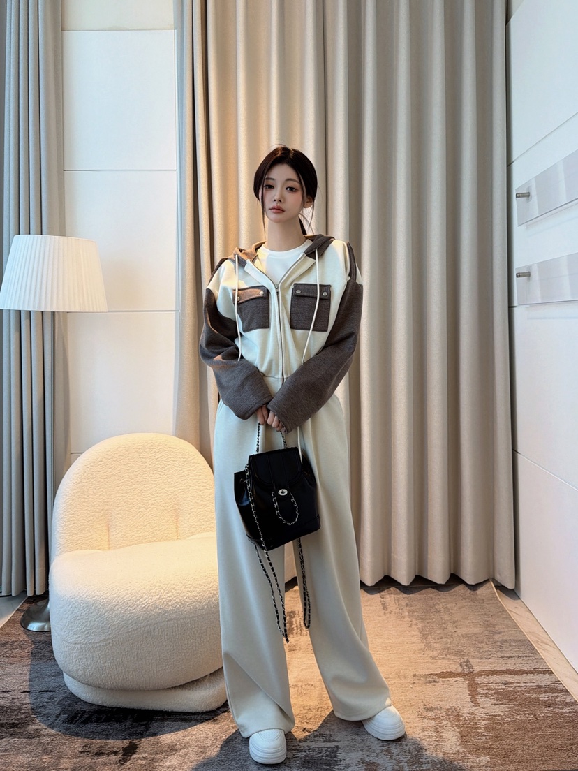 CLOTH韓國直郵26秋季拼色連帽衛衣闊腿套裝闊腿褲口袋拼色撞色CLOTH套裝圖色2