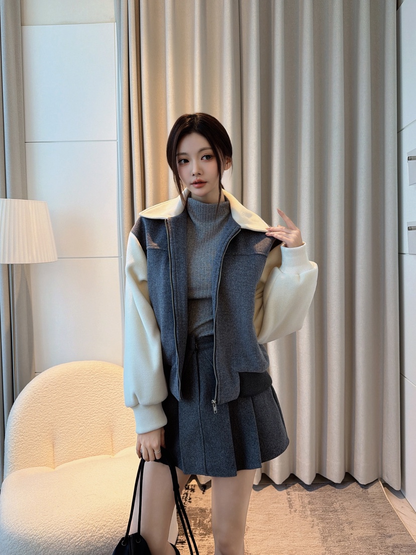 CLOTH東大門代購26秋季撞色短款連帽夾克抽繩落肩撞色寬松絎縫CLOTH夾克
