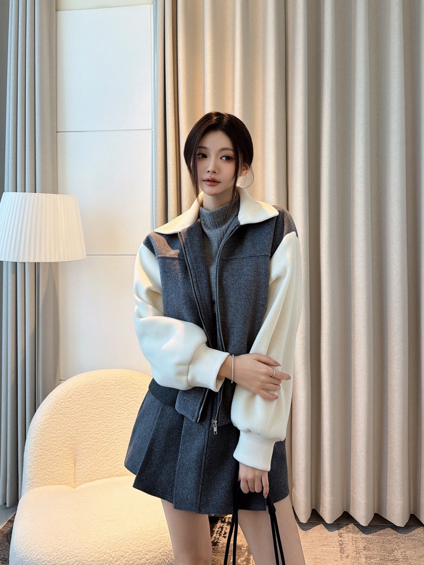 CLOTH東大門代購26秋季撞色短款連帽夾克抽繩落肩撞色寬松絎縫CLOTH夾克