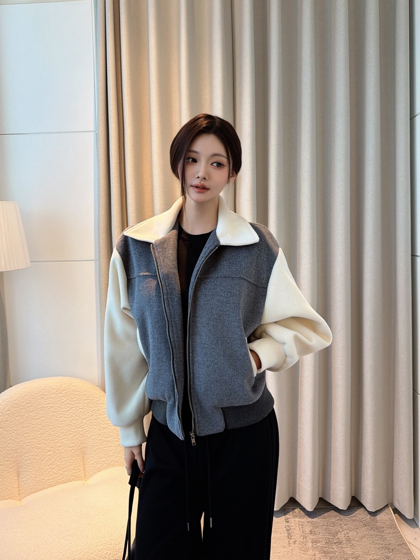 CLOTH東大門代購26秋季撞色短款連帽夾克抽繩落肩撞色寬松絎縫CLOTH夾克圖色2