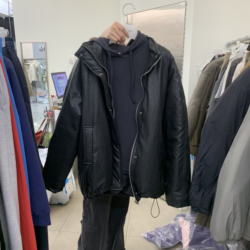 PORTS_MOSS東大門代購26秋冬寬松落肩立領夾棉皮夾棉不含內搭PORTS_MOSS皮衣圖色1