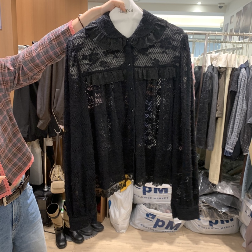 FLat OGI韓國代購26秋冬蕾絲翻領長袖襯衫蕾絲衫娃娃領蕾絲褶FLat OGI襯衫/蕾絲衫圖色2