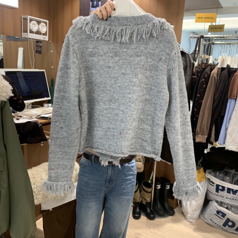 FLat OGI韓國直郵26秋冬流蘇V領針織開衫單排扣V領流蘇落肩FLat OGI開衫