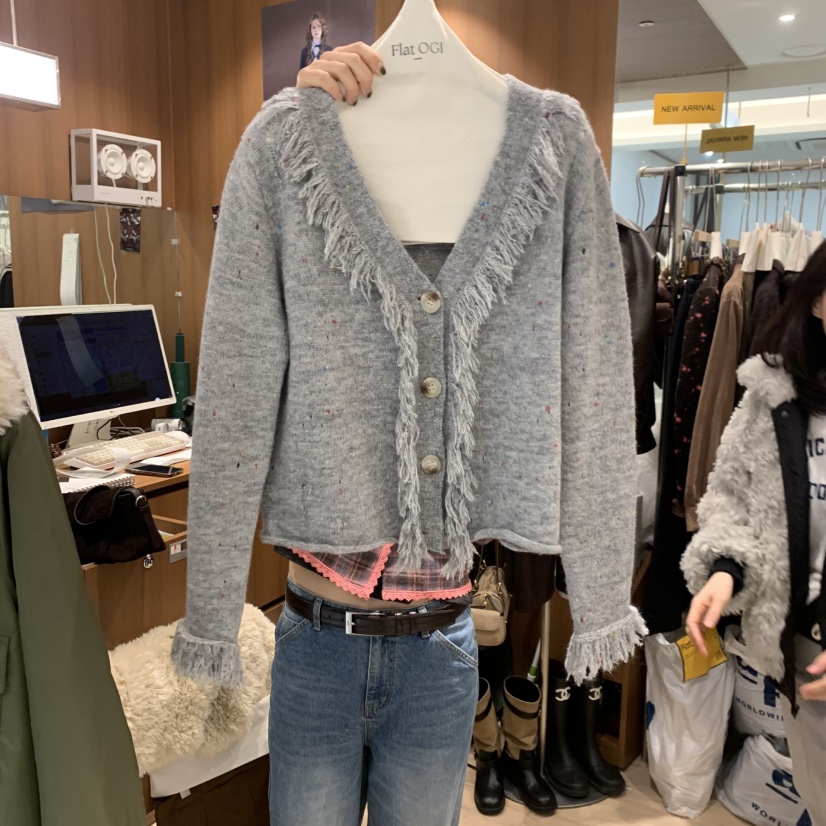 FLat OGI韓國直郵26秋冬流蘇V領針織開衫單排扣V領流蘇落肩FLat OGI開衫圖色1