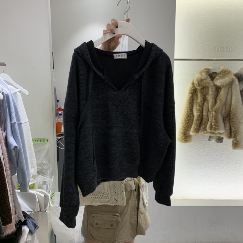 TYCHE韓國代購26秋季短款落肩連帽V領衛衣口袋落肩寬松TYCHE衛衣圖色3
