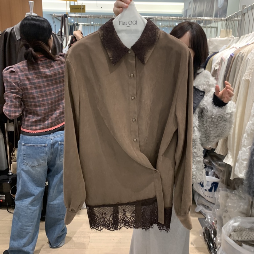FLat OGI東大門直郵26秋冬蕾絲拼接系扣襯衫蕾絲衫單排扣蕾絲FLat OGI襯衫/蕾絲衫圖色1