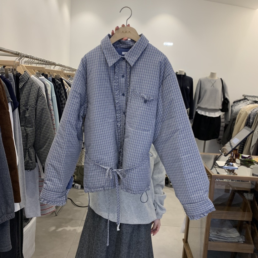 tan-COMO東大門直郵26秋季短款格紋系帶棉服短款棉服棉含腰繩tan-COMO短款棉服圖色1