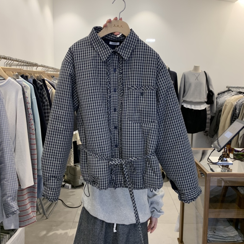 tan-COMO東大門直郵26秋季短款格紋系帶棉服短款棉服棉含腰繩tan-COMO短款棉服圖色2