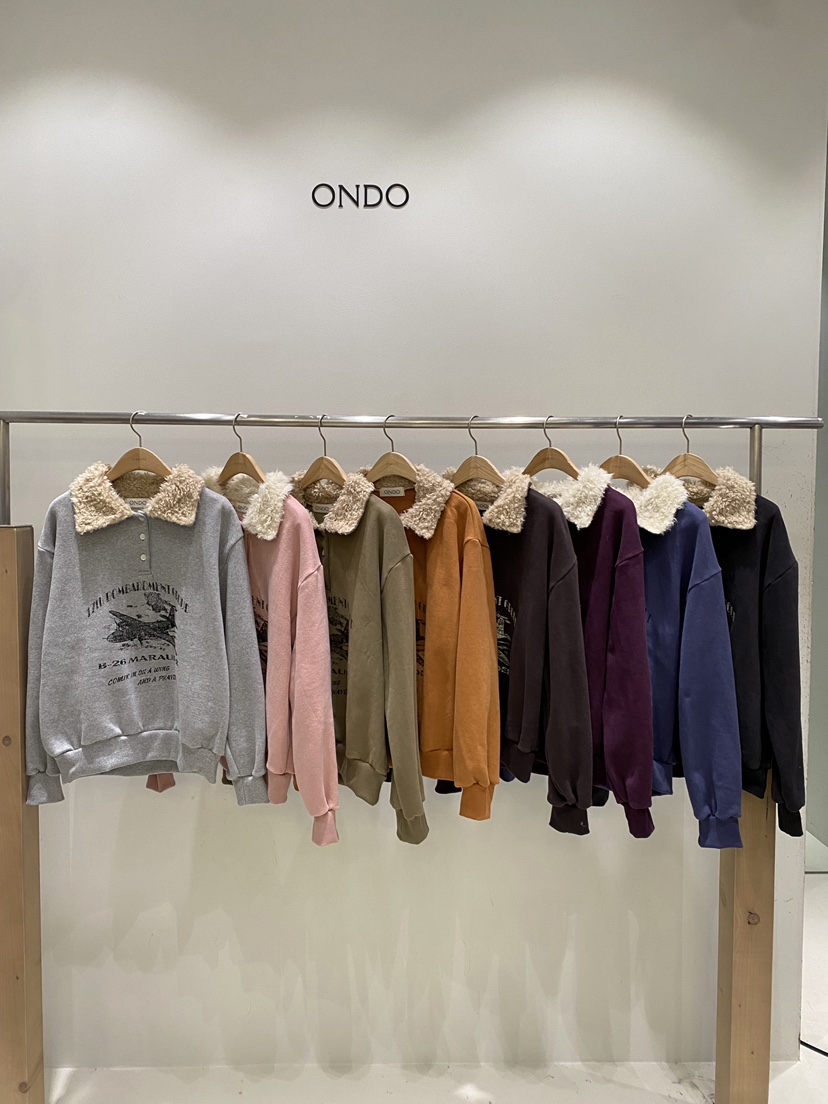 ONDO-P韓國代購26秋季毛絨領印花復古衛衣毛絨抓絨落肩翻領寬ONDO-P衛衣