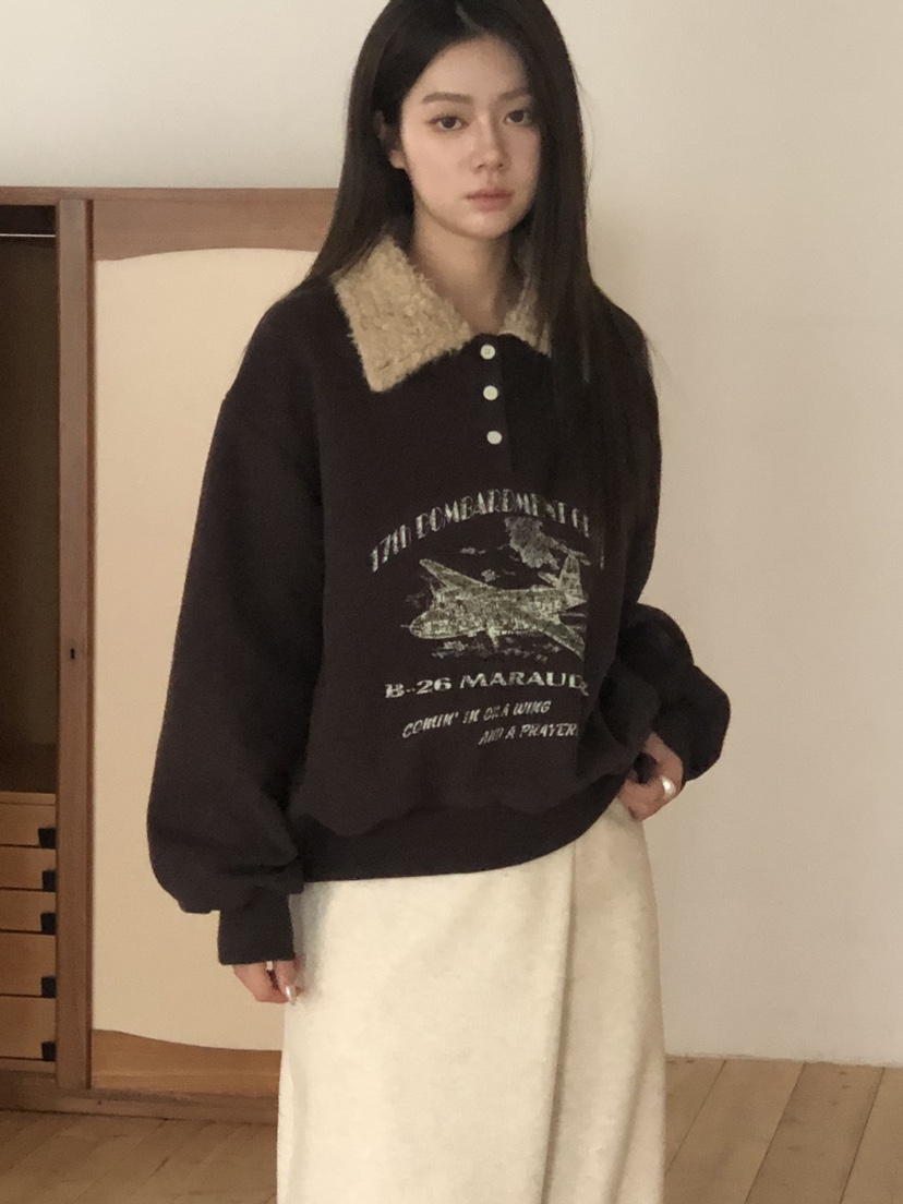 ONDO-P韓國代購26秋季毛絨領印花復古衛衣毛絨抓絨落肩翻領寬ONDO-P衛衣