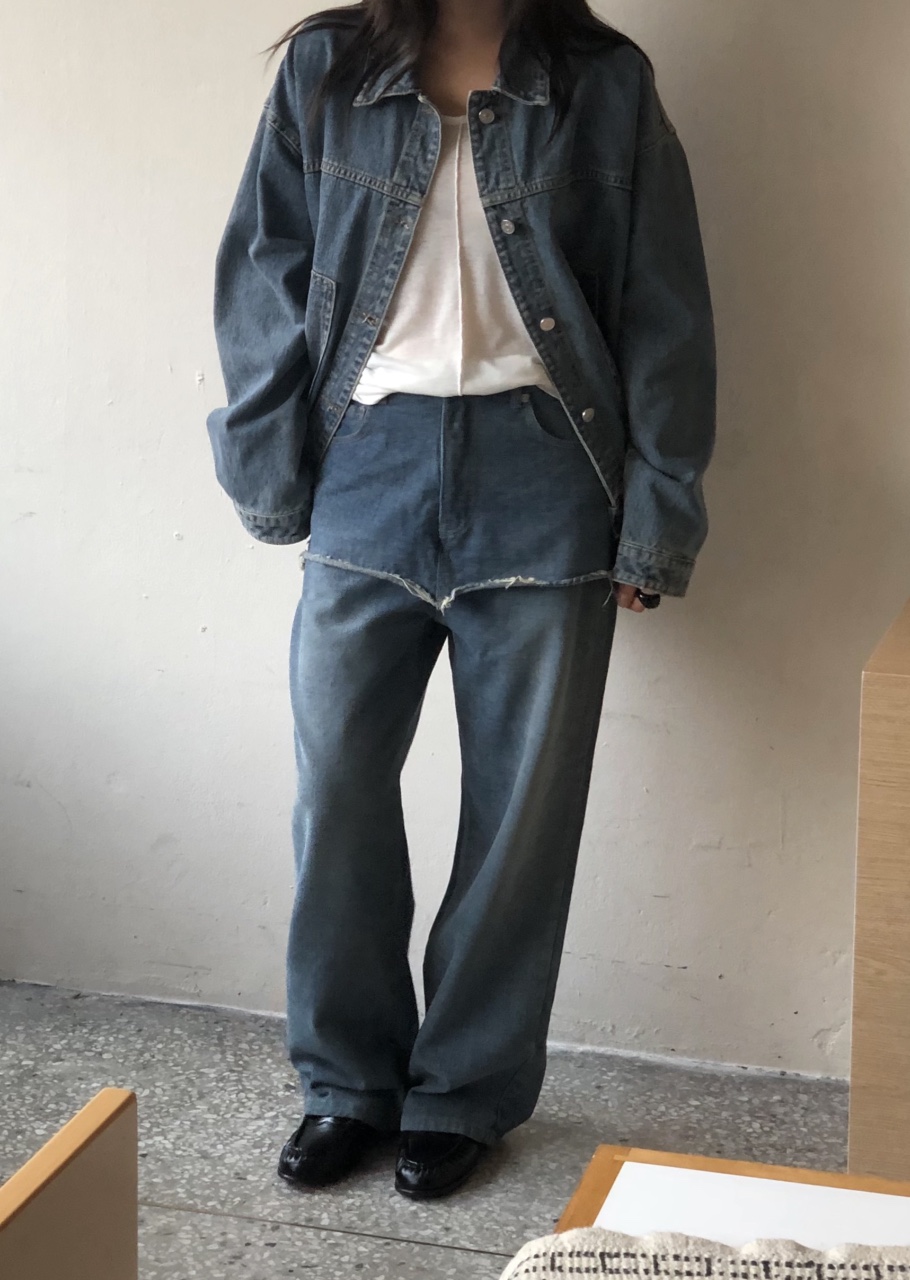 ONDO-P韓國代購26秋季加絨毛邊牛仔裙褲直筒高腰ONDO-P裙褲