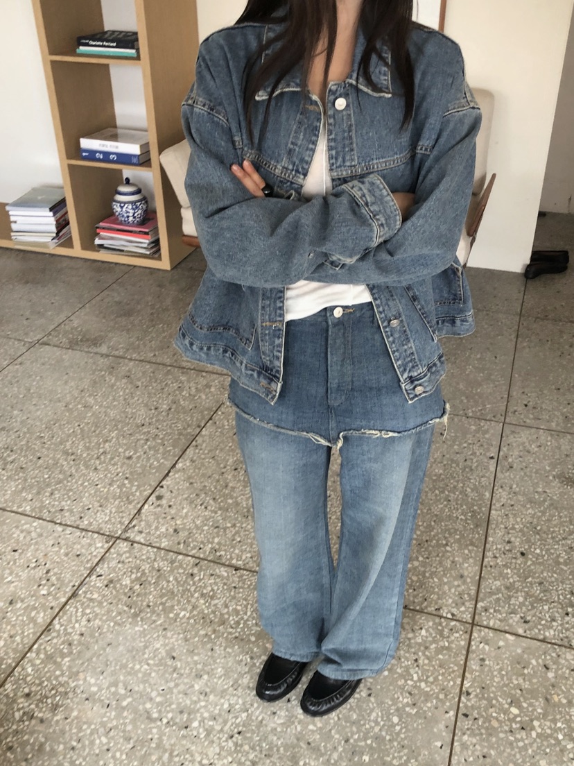 ONDO-P韓國代購26秋季加絨毛邊牛仔裙褲直筒高腰ONDO-P裙褲