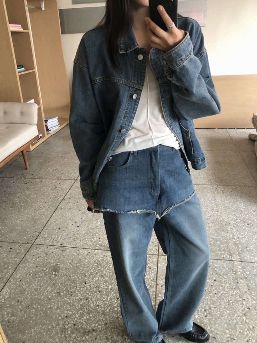 ONDO-P韓國代購26秋季加絨毛邊牛仔裙褲直筒高腰ONDO-P裙褲