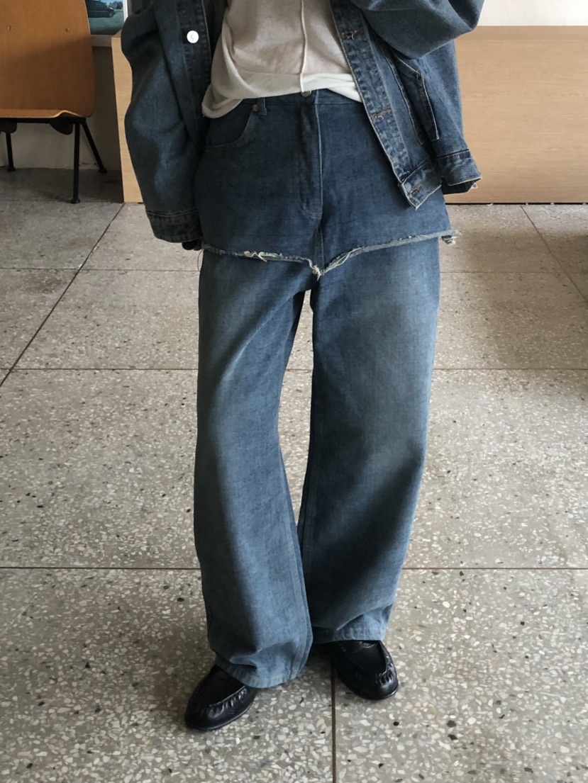 ONDO-P韓國代購26秋季加絨毛邊牛仔裙褲直筒高腰ONDO-P裙褲