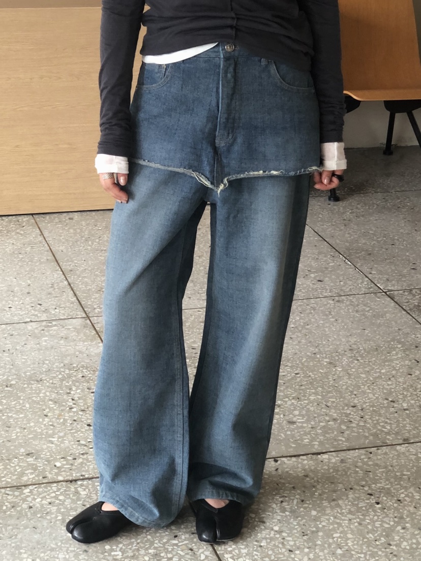 ONDO-P韓國代購26秋季加絨毛邊牛仔裙褲直筒高腰ONDO-P裙褲