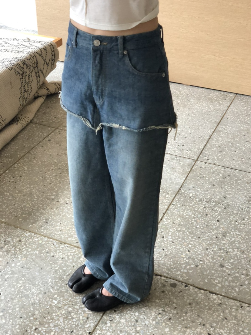 ONDO-P韓國代購26秋季加絨毛邊牛仔裙褲直筒高腰ONDO-P裙褲