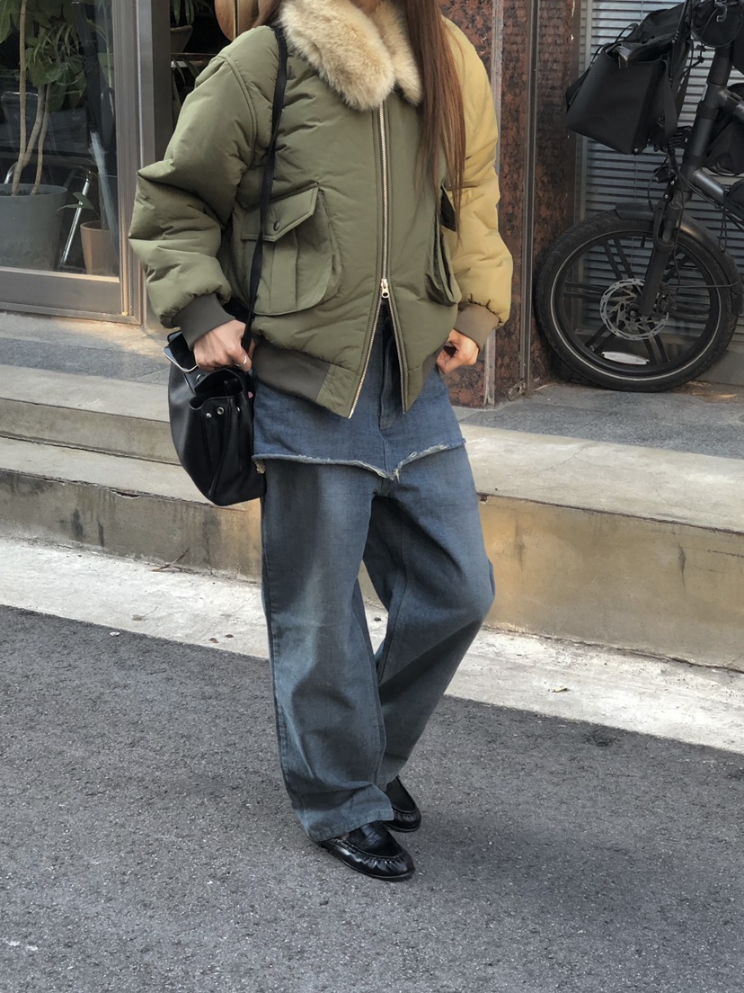 ONDO-P韓國代購26秋季加絨毛邊牛仔裙褲直筒高腰ONDO-P裙褲